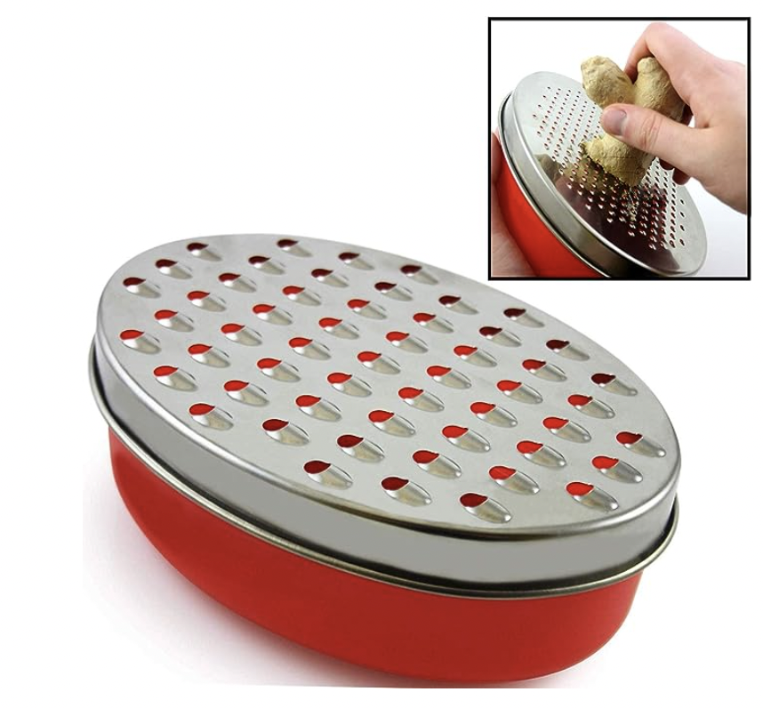 Red and white oval grater with stainless steel grating surface and inset photo showing ginger being