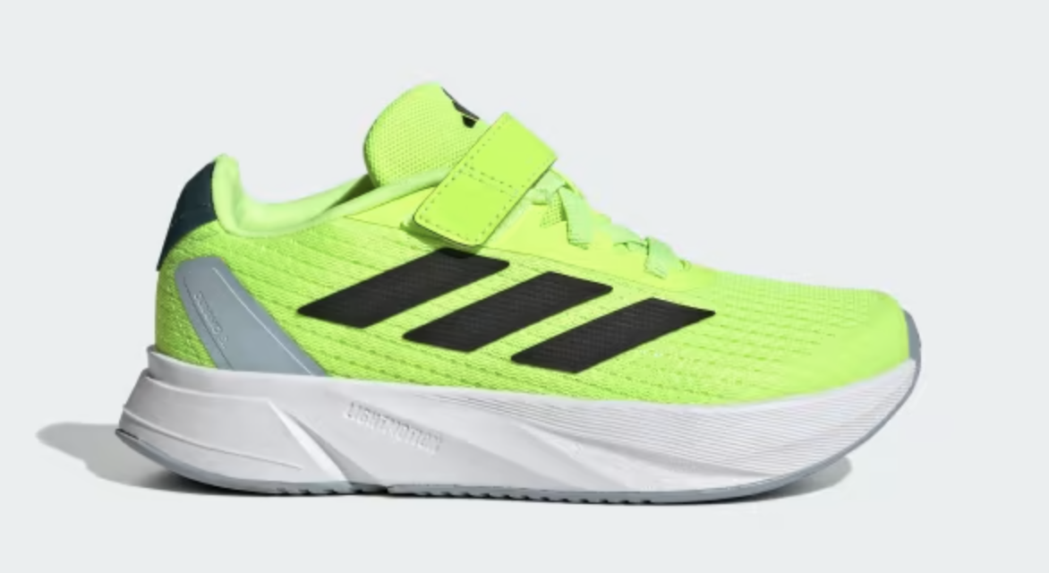 Neon yellow Adidas running shoe with black stripes and white sole for kids