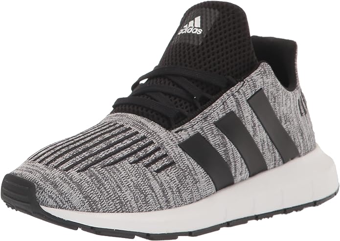 Adidas gray and black knit children's running shoe with white sole
