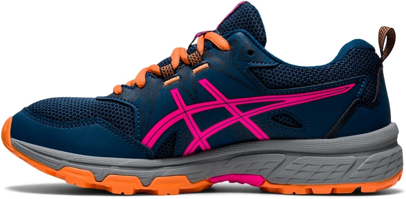 Navy and pink children's running shoe with orange accents and gray midsole