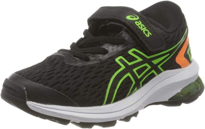 Black and neon green Asics children's running shoe with white sole and orange accent