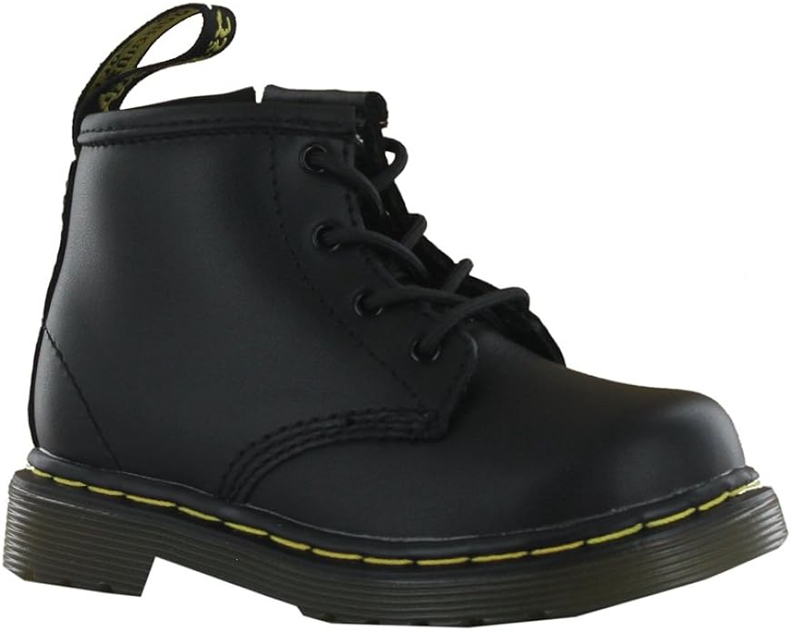 Black lace-up boot with yellow sole and pull tab