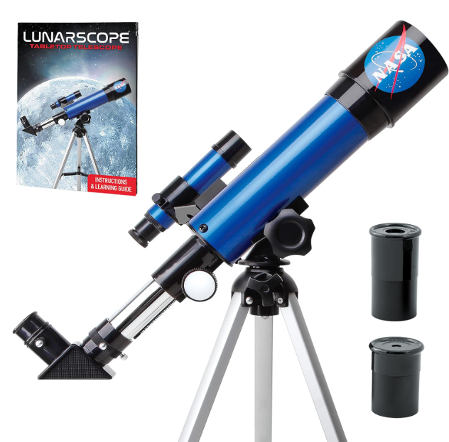 Blue lunar telescope with tripod, instruction manual, and eyepiece accessories