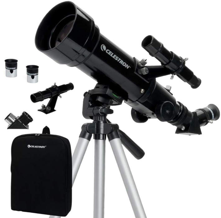 Celestron telescope kit with tripod, eyepieces, and carrying case displayed