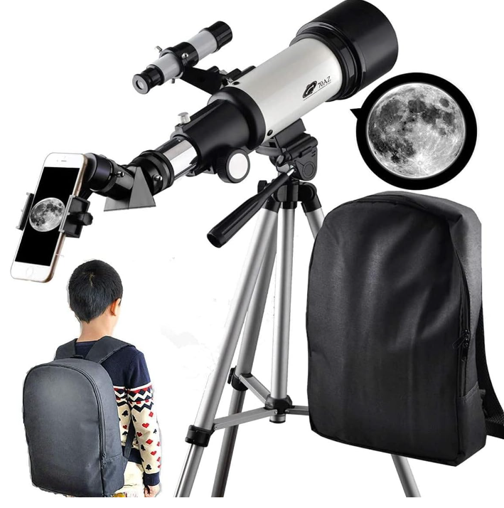 Telescope on tripod with smartphone adapter, carrying backpack, and moon observation images
