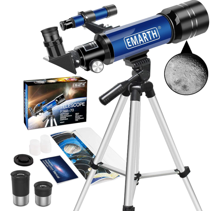EMARTH F360-70 telescope kit with tripod, eyepieces, and moon viewing sample