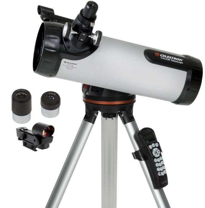 Celestron telescope on tripod with eyepieces and red dot finder included