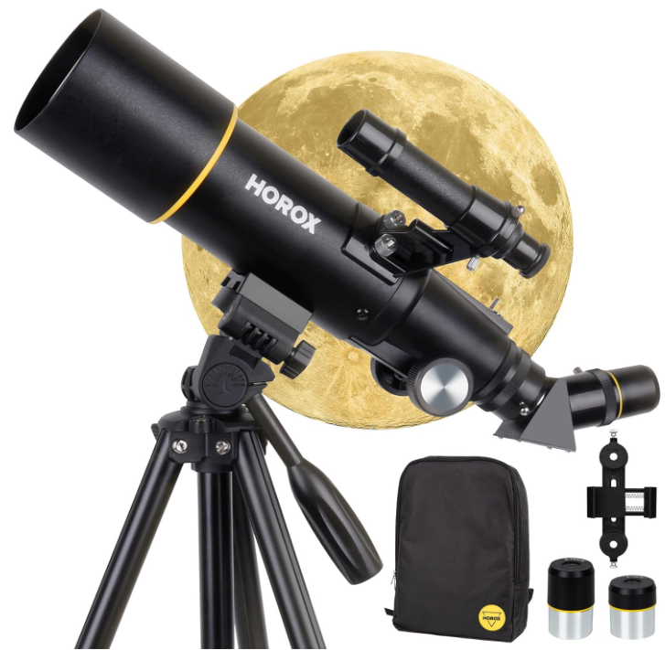 Horox telescope with tripod, eyepieces, smartphone adapter, and carrying case against moon