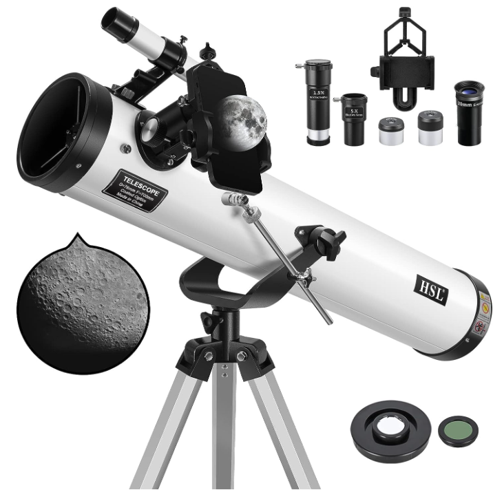 Reflector telescope with tripod mount displayed with accessories and lunar closeup