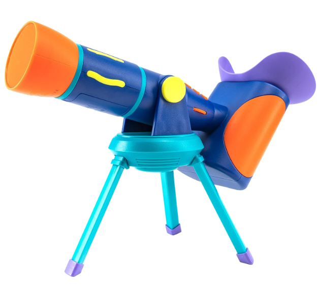 Colorful toy telescope with tripod stand in blue, orange, and turquoise