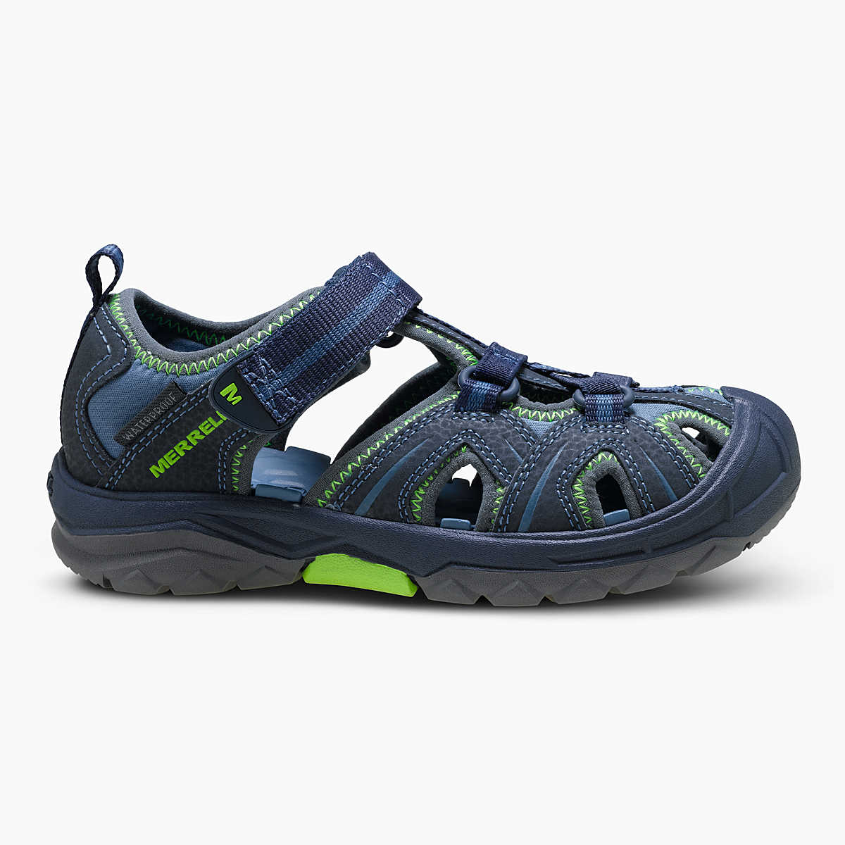 Navy and neon green Merrell children's sandal with straps and closed toe design