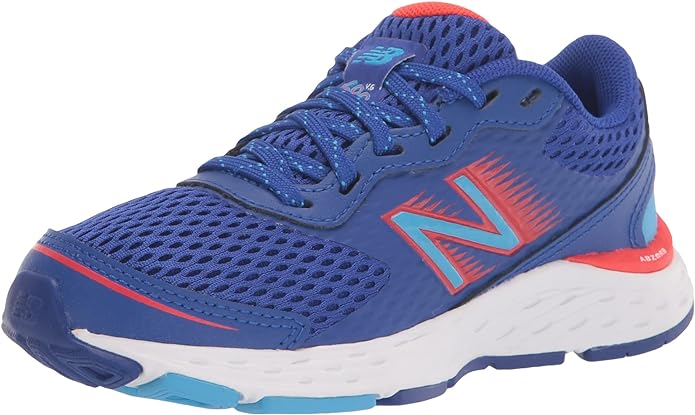 New Balance children's running shoe in blue with coral accents and white sole