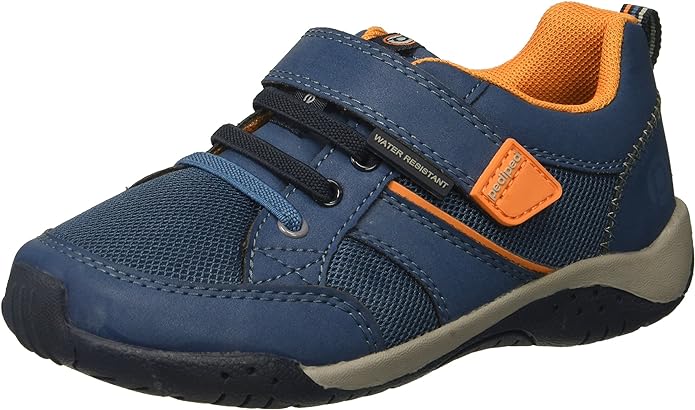Navy and orange children's athletic shoe with velcro strap and water-resistant design