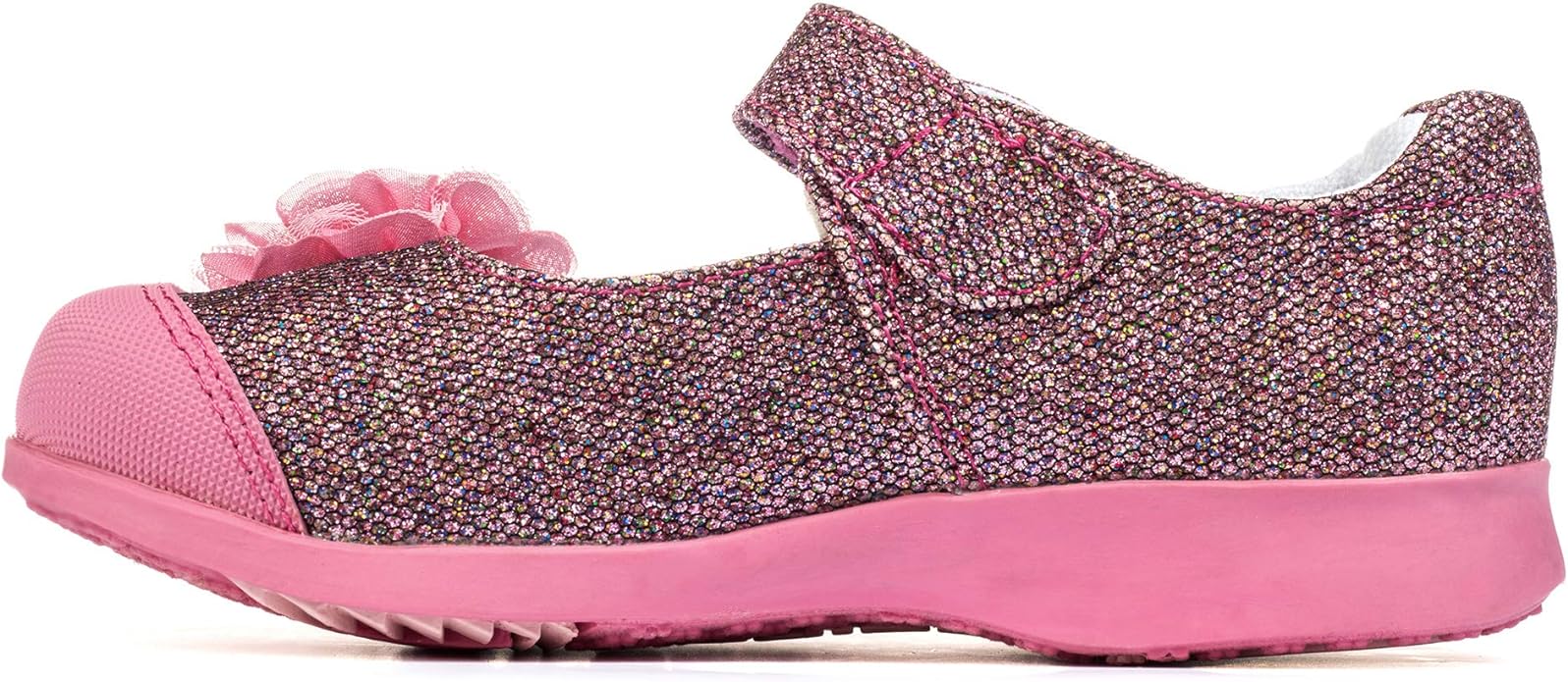 Pink and brown glittery children's slip-on shoe with cushioned sole