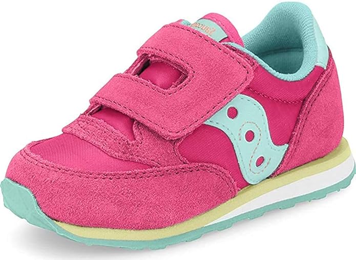 Pink and turquoise children's sneaker with velcro straps and cushioned sole