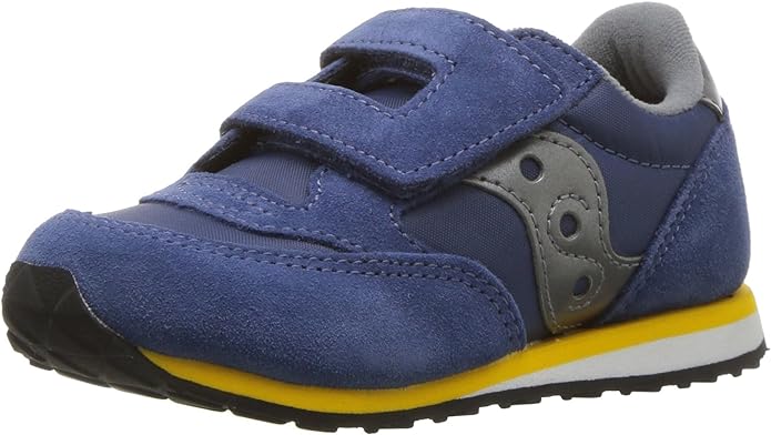 Blue and gray toddler sneaker with yellow stripe and velcro straps