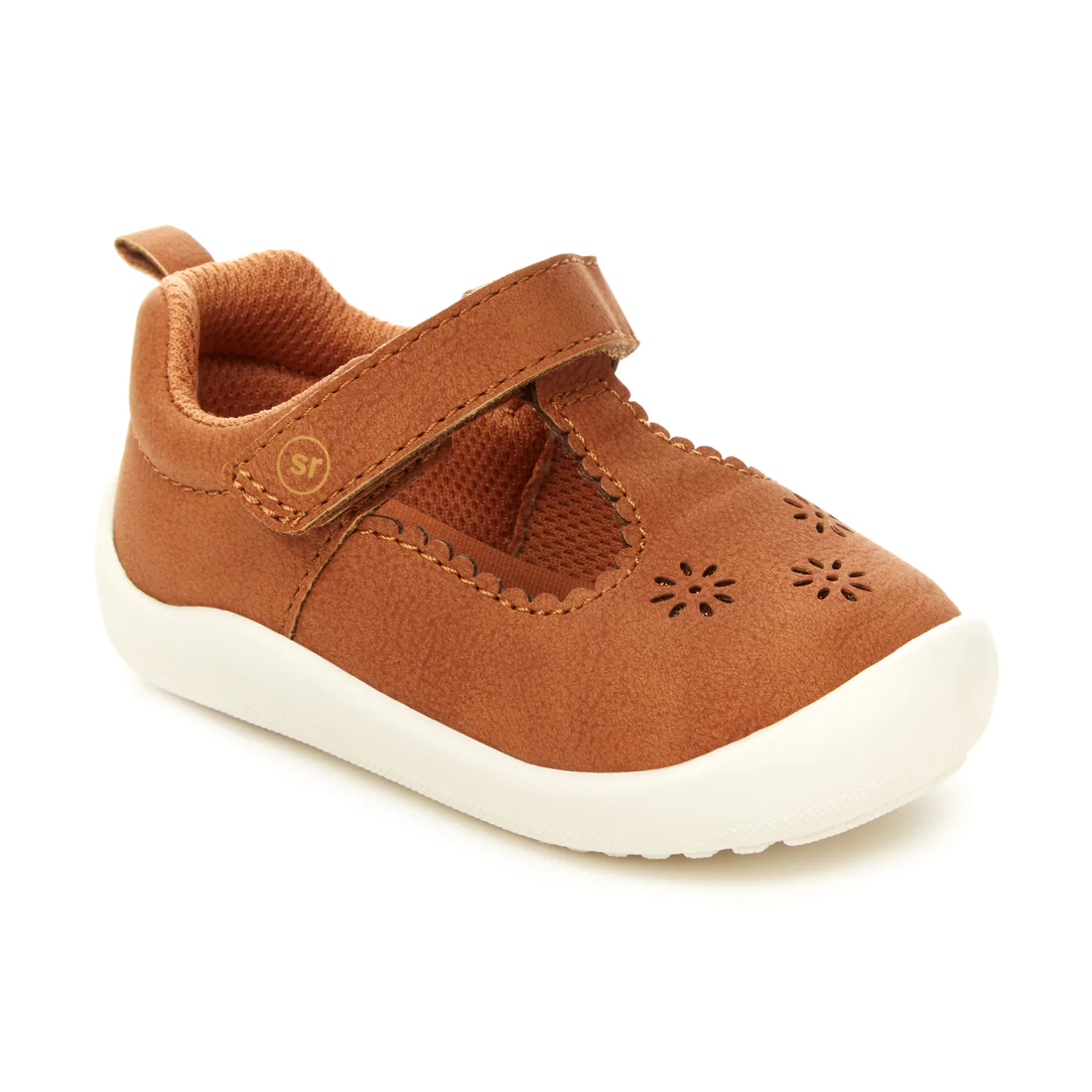 Tan suede toddler Mary Jane shoe with white sole and perforated details