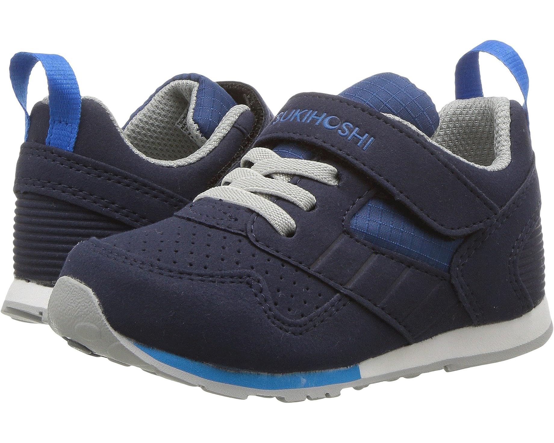 Navy and blue children's sneaker with velcro strap and gray sole