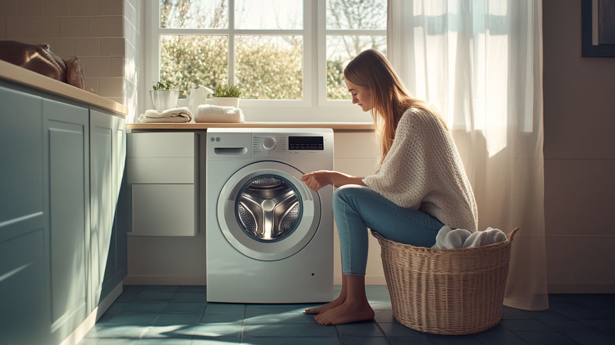 Woman sitting by washing machine