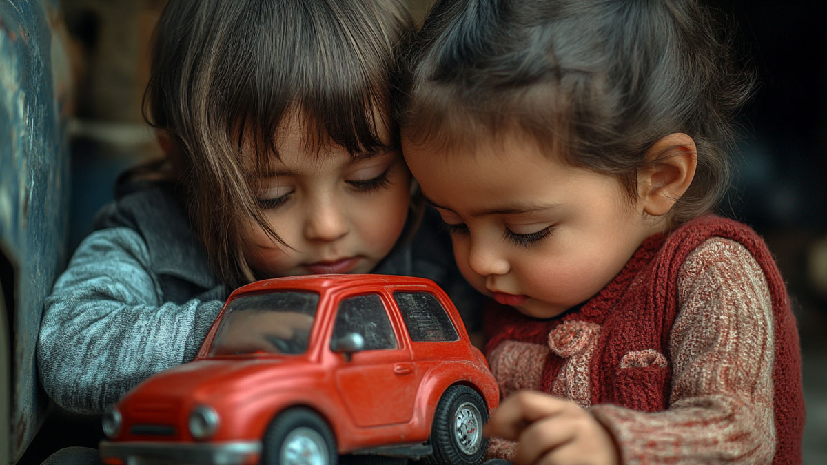 Two children sharing a toy