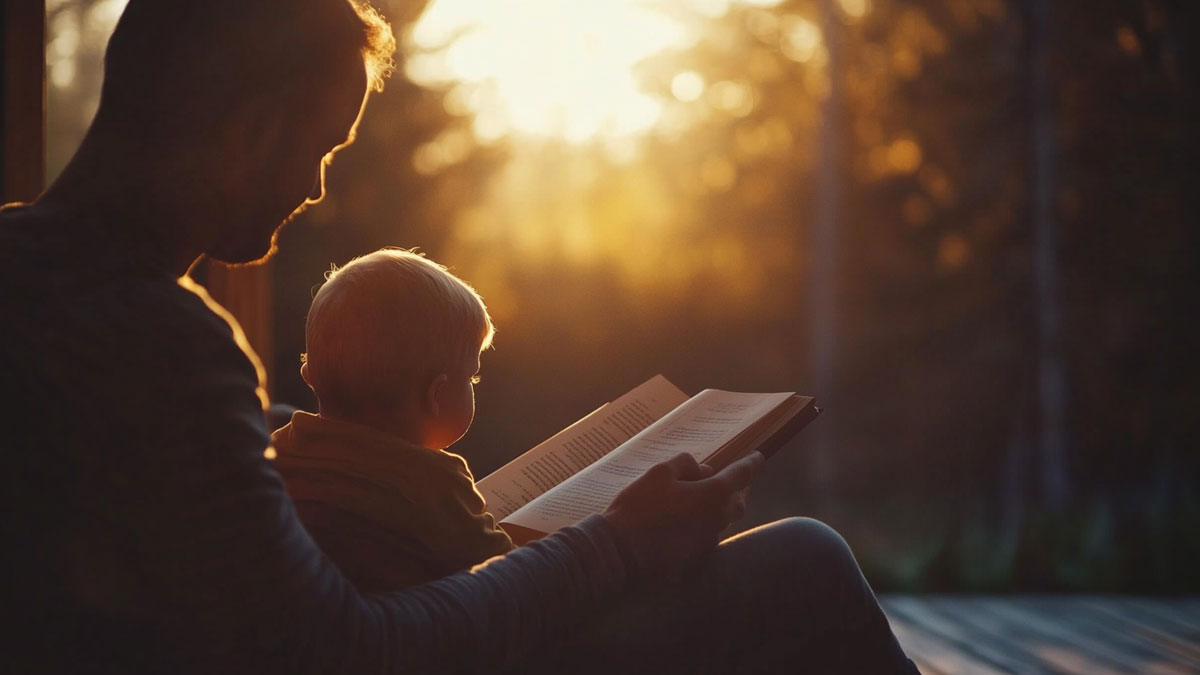 Parent sitting with child and book