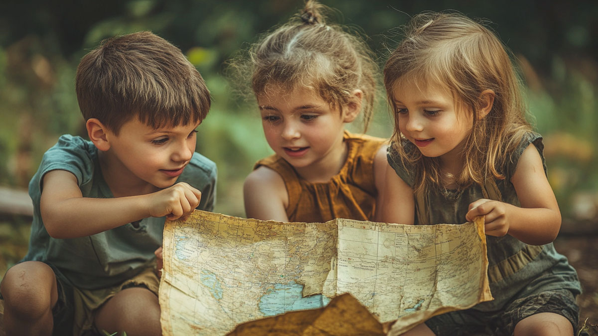 Children reading a map