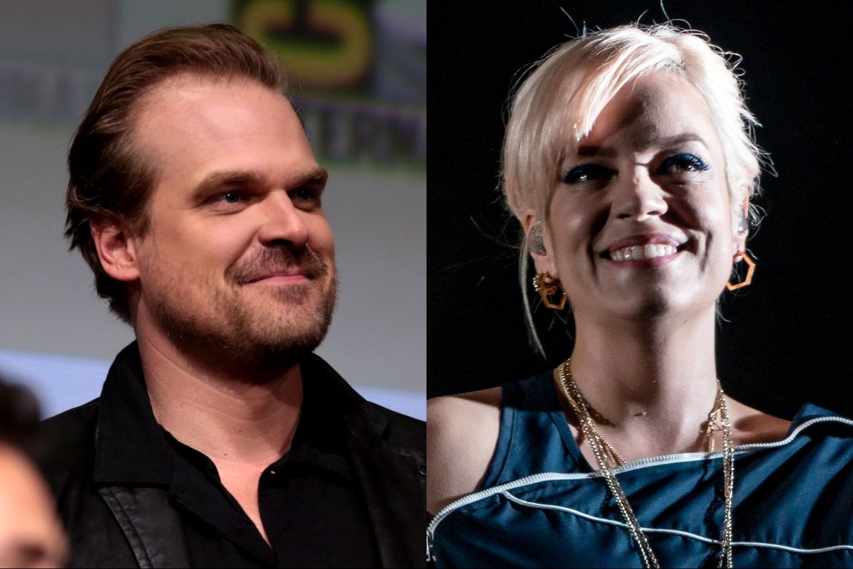 Left: David Harbour speaking at the 2017 San Diego Comic-Con International in San Diego, California. / Right: Lily Allen performing live at the El Rey Theatre in Los Angeles, California, on Wednesday, April 25, 2018.