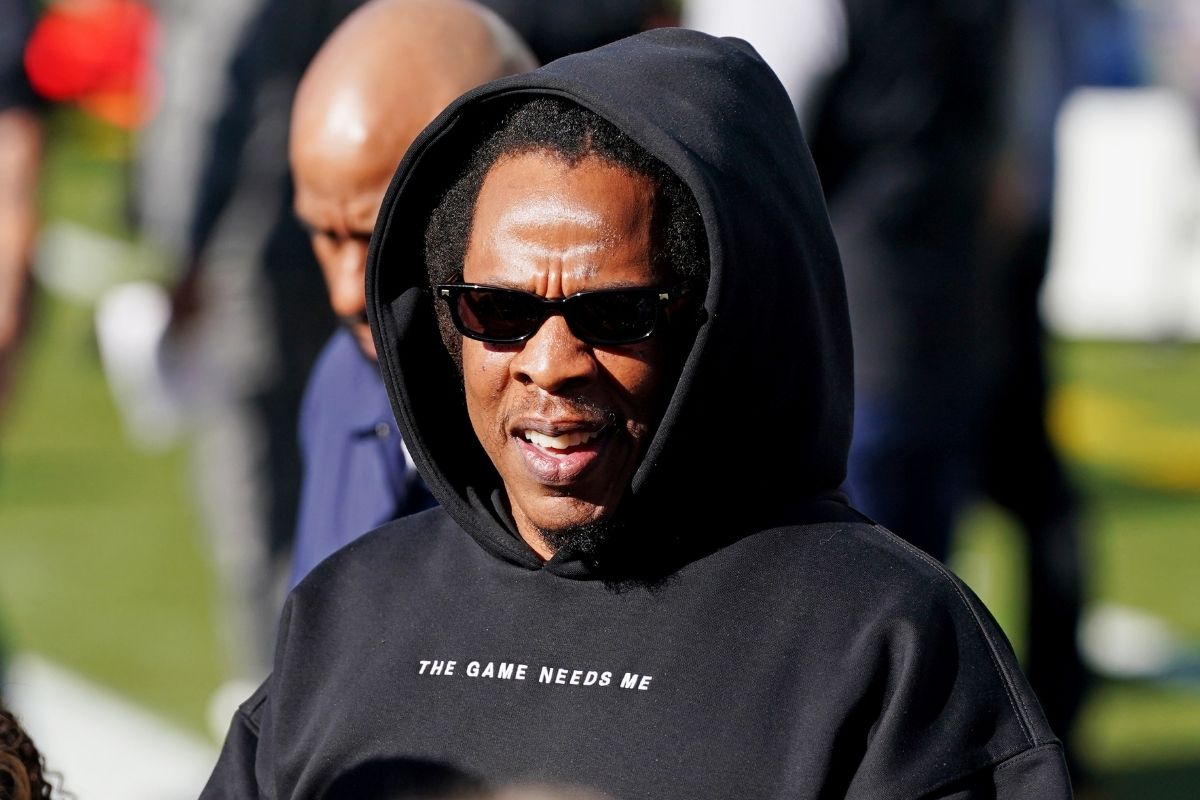 Feb 8, 2026; Santa Clara, CA, USA; Jay Z looks on during warmups before the game between New England Patriots and Seattle Seahawks in Super Bowl LX at Levi's Stadium.