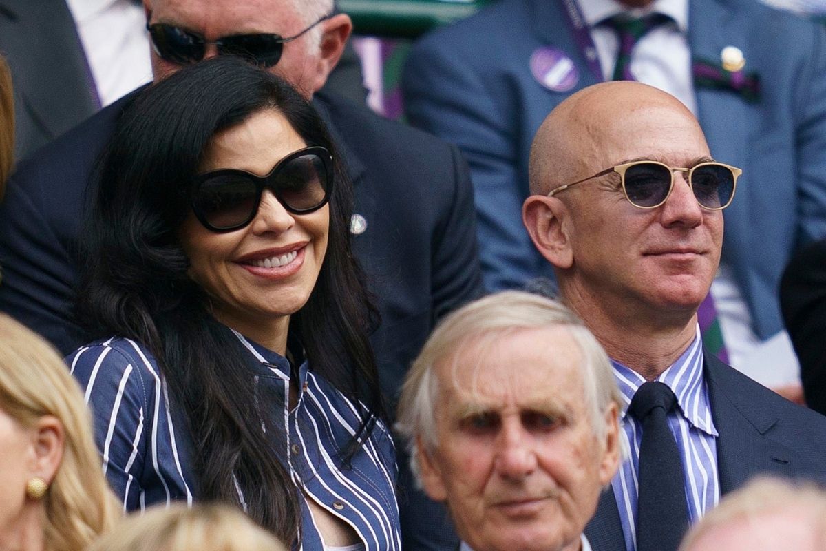 Jul 14, 2019; London, United Kingdom; Jeff Bezos and Lauren Sanchez in attendance the men's final between Roger Federer (SUI) and Novak Djokovic (SRB) on day 13 at the All England Lawn and Croquet Club.