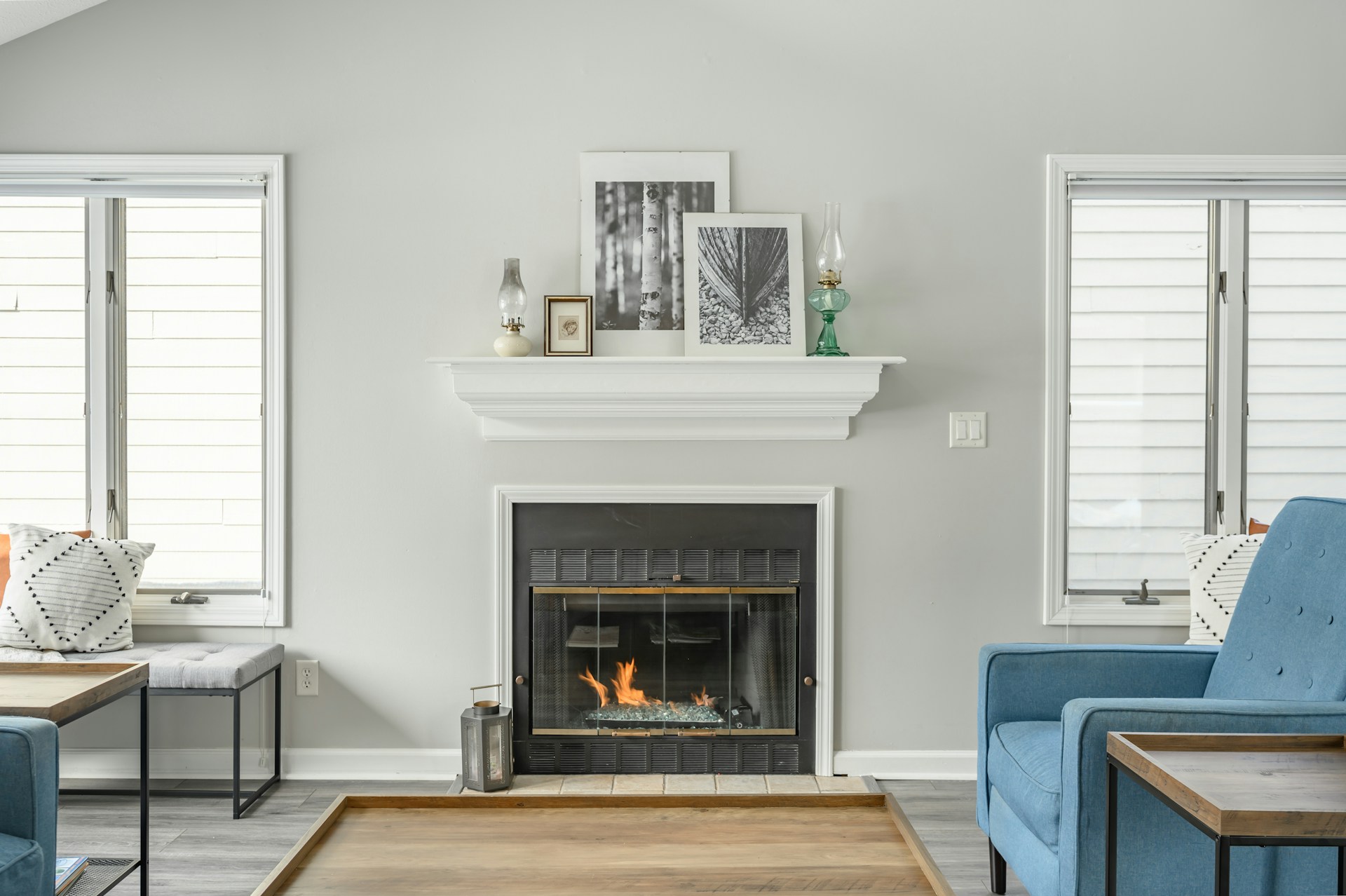 gray living room with fireplace
