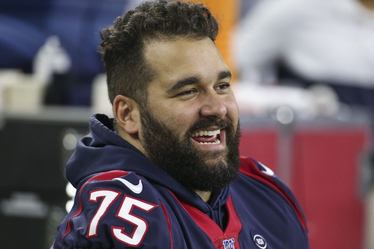 Aug 29, 2019; Houston, TX, USA; Houston Texans offensive tackle Matt Kalil (75) watches from the bench during the second quarter against the Los Angeles Rams at NRG Stadium.