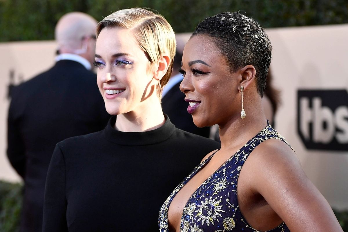 Jan 21, 2018; Los Angeles, CA, USA; Samira Wiley (R) and Lauren Morelli (L) arrive at the 24th Annual Screen Actors Guild Awards at the Shrine Auditorium.