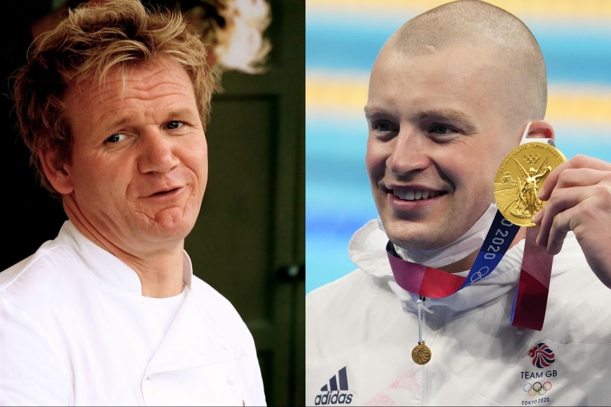 Left: Gordon Ramsay. / Right: Jul 26, 2021; Tokyo, Japan; Adam Peaty (GBR) with his gold medal during the medals ceremony for the men's 100m breaststroke during the Tokyo 2020 Olympic Summer Games at Tokyo Aquatics Centre.