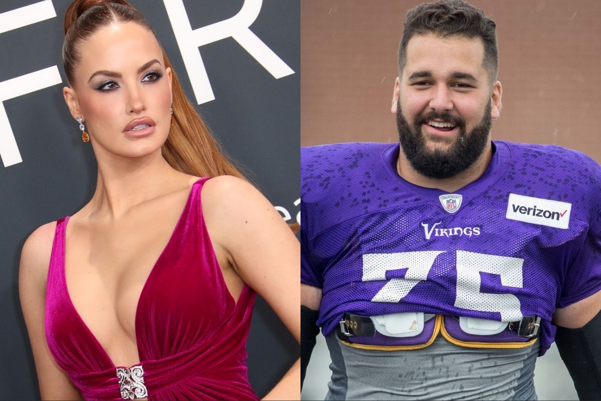 Left: Feb 2, 2025; Los Angeles, CA, USA; Haley Kalil at the 67th Annual Grammy Awards at Crypto.com Arena in Los Angeles on Sunday, Feb. 2, 2025. / Right: Aug 1, 2016; Mankato, MN, USA; Minnesota Vikings tackle Matt Kalil (75) walks to the afternoon session of training camp at Minnesota State University.