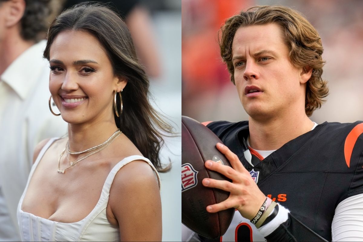 Left: Feb 8, 2026; Santa Clara, CA, USA; Jessica Alba arrives for the half time show at the game between New England Patriots and Seattle Seahawks in Super Bowl LX at Levi's Stadium. / Right: Cincinnati Bengals quarterback Joe Burrow (9) gets loose before the start of the first quarter of the NFL Week 17 game between the Cincinnati Bengals and the Arizona Cardinals at Paycor Stadium in Downtown Cincinnati on Sunday, Dec. 28, 2025. The Bengals led 23-7 at halftime.