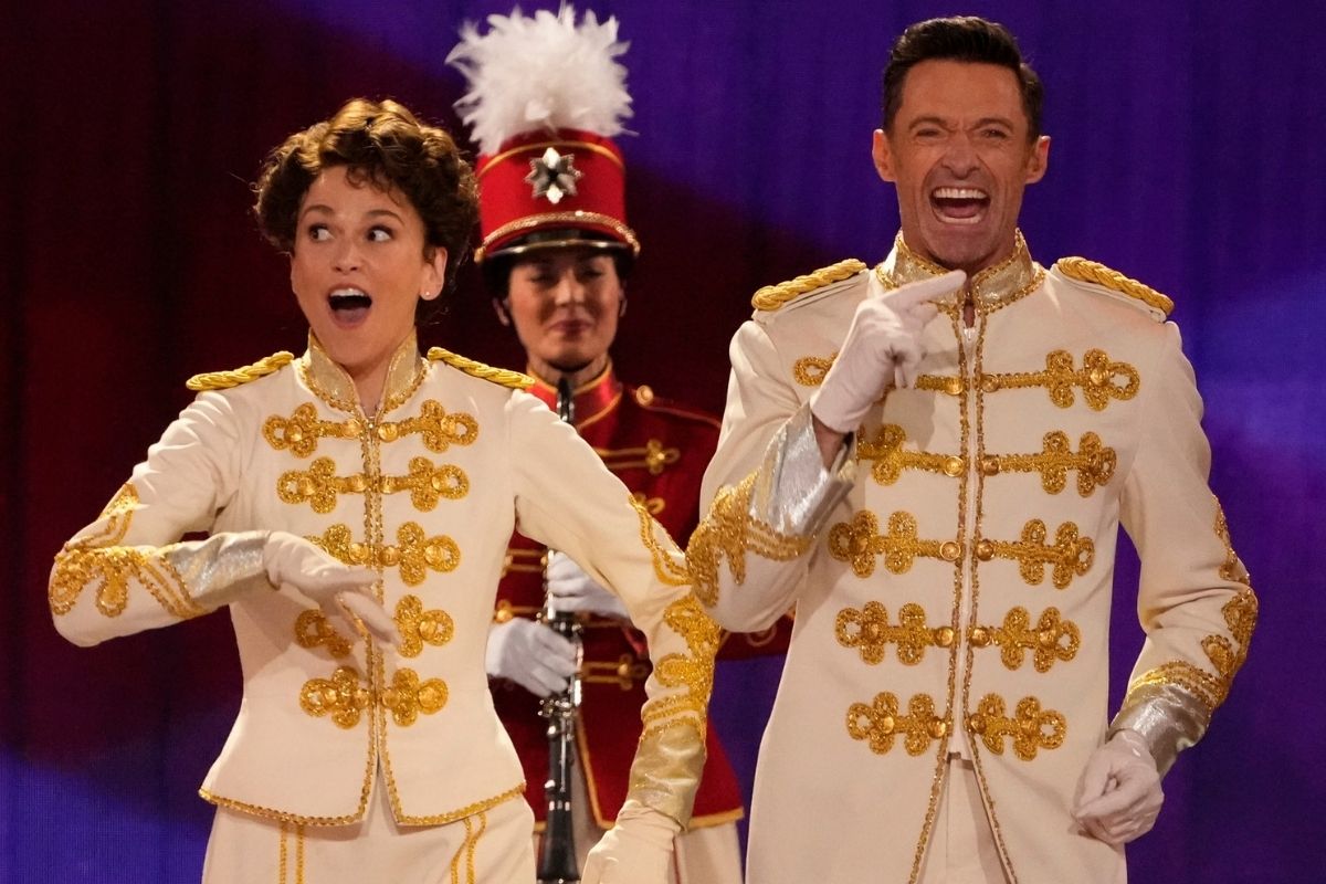 Jun 12, 2022; New York, NY, USA; Hugh Jackman and Sutton Foster and the cast of The Music Man perform 76 Trombones during the 75th Annual Tony Awards at Radio City Music Hall in New York City on Sunday, June 12, 2022..