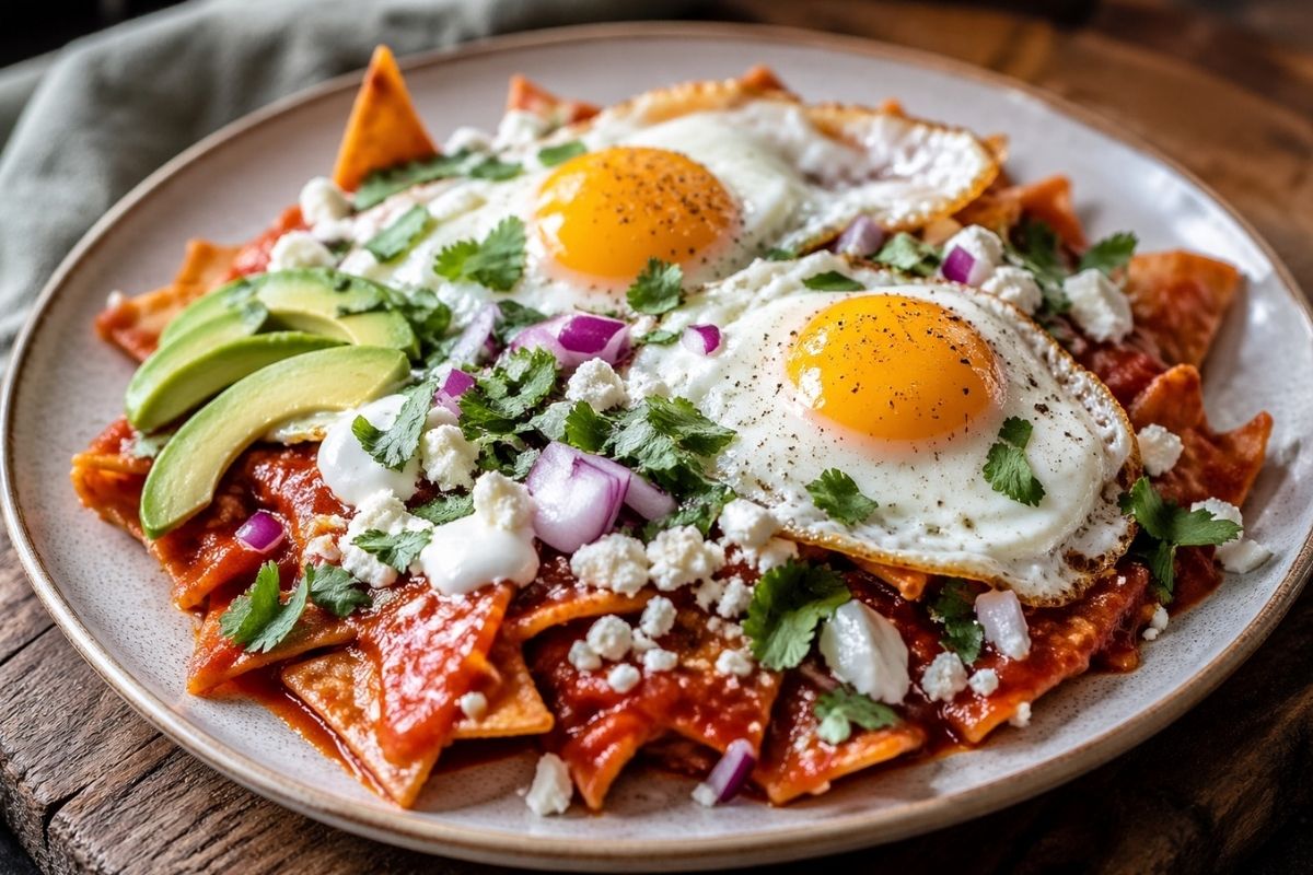 Crispy chilaquiles rojos at home.
