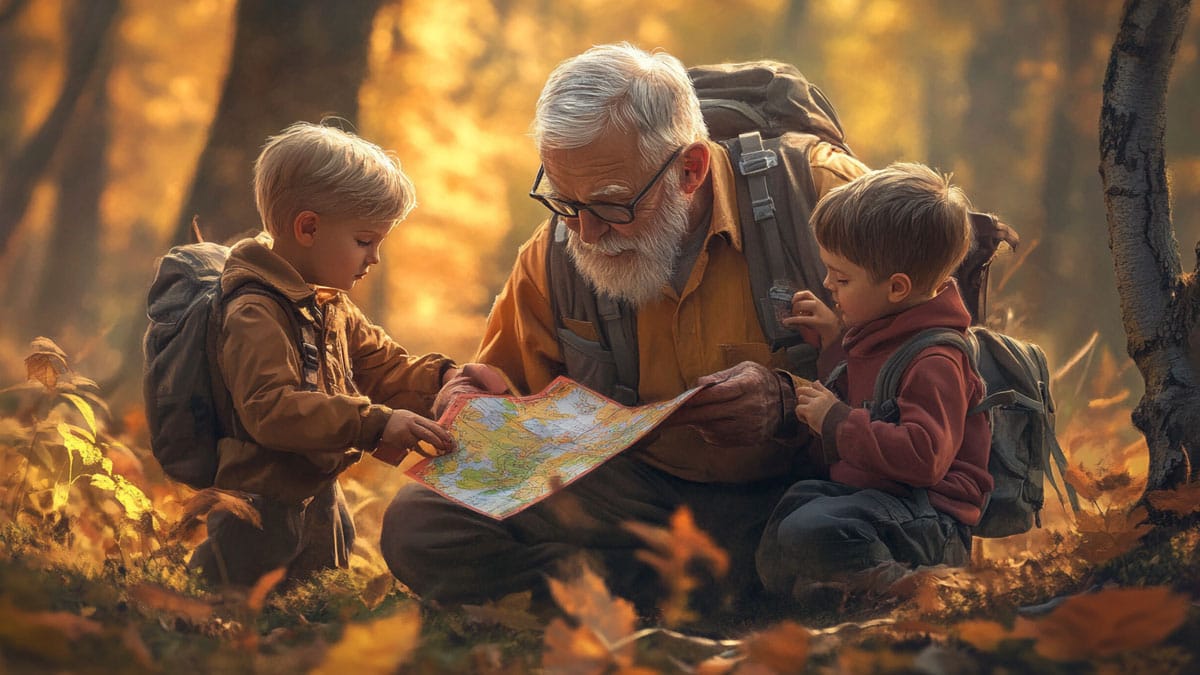 Grandparent and children reading a map