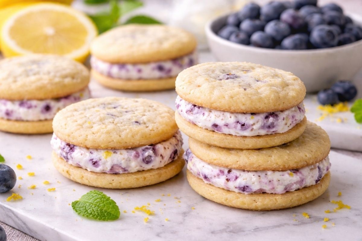 Blueberry cream sandwich cookies.