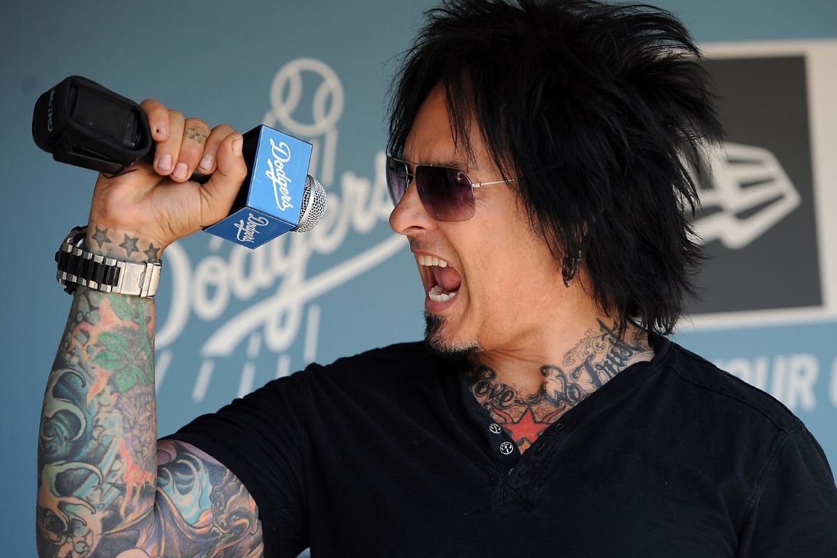 May 27, 2012; Los Angeles, CA, USA; Motley Crue bassist Nikki Sixx does an interview on Dodger TV before he threw out the first pitch before the game between the Houston Astros and the Los Angeles Dodgers at Dodger Stadium. Dodgers won 5-1.