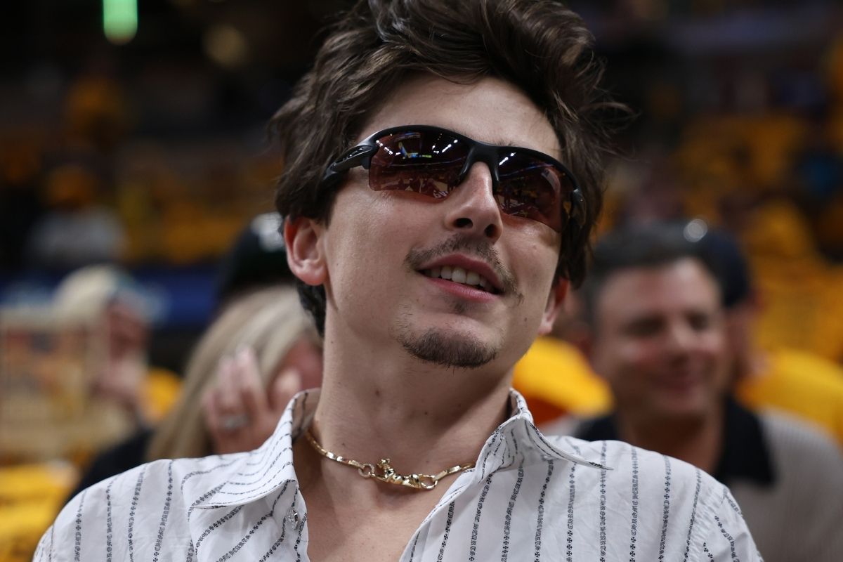 May 25, 2025; Indianapolis, Indiana, USA; Timothée Chalamet sits in the stands prior to game three of the eastern conference finals between the Indiana Pacers and the New York Knicks for the 2025 NBA Playoffs at Gainbridge Fieldhouse.