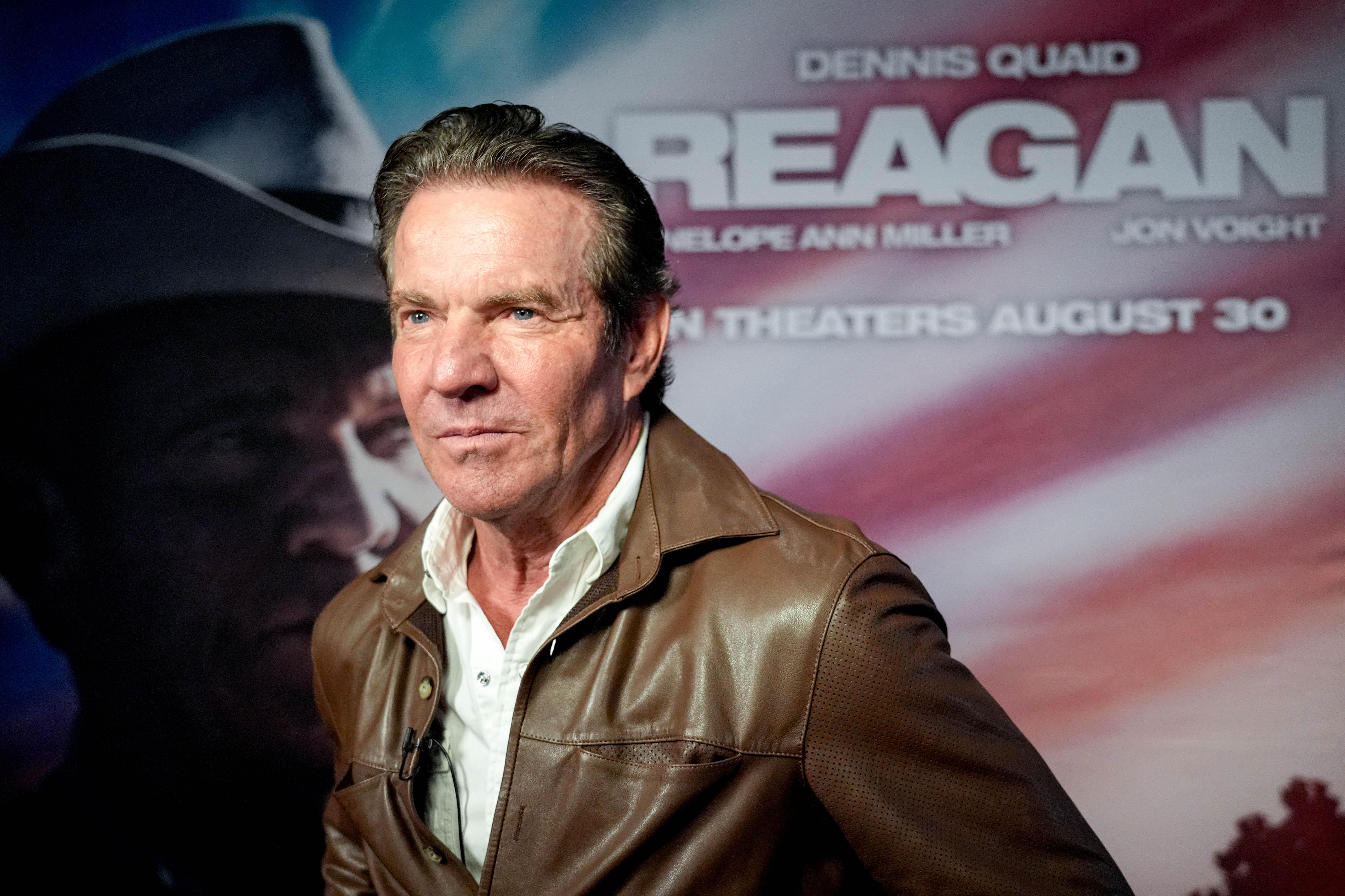 Actor Dennis Quaid speaks to the press during the red carpet for the movie ‘Reagan’ in Edmond, Okla., on Wednesday, Aug. 28,