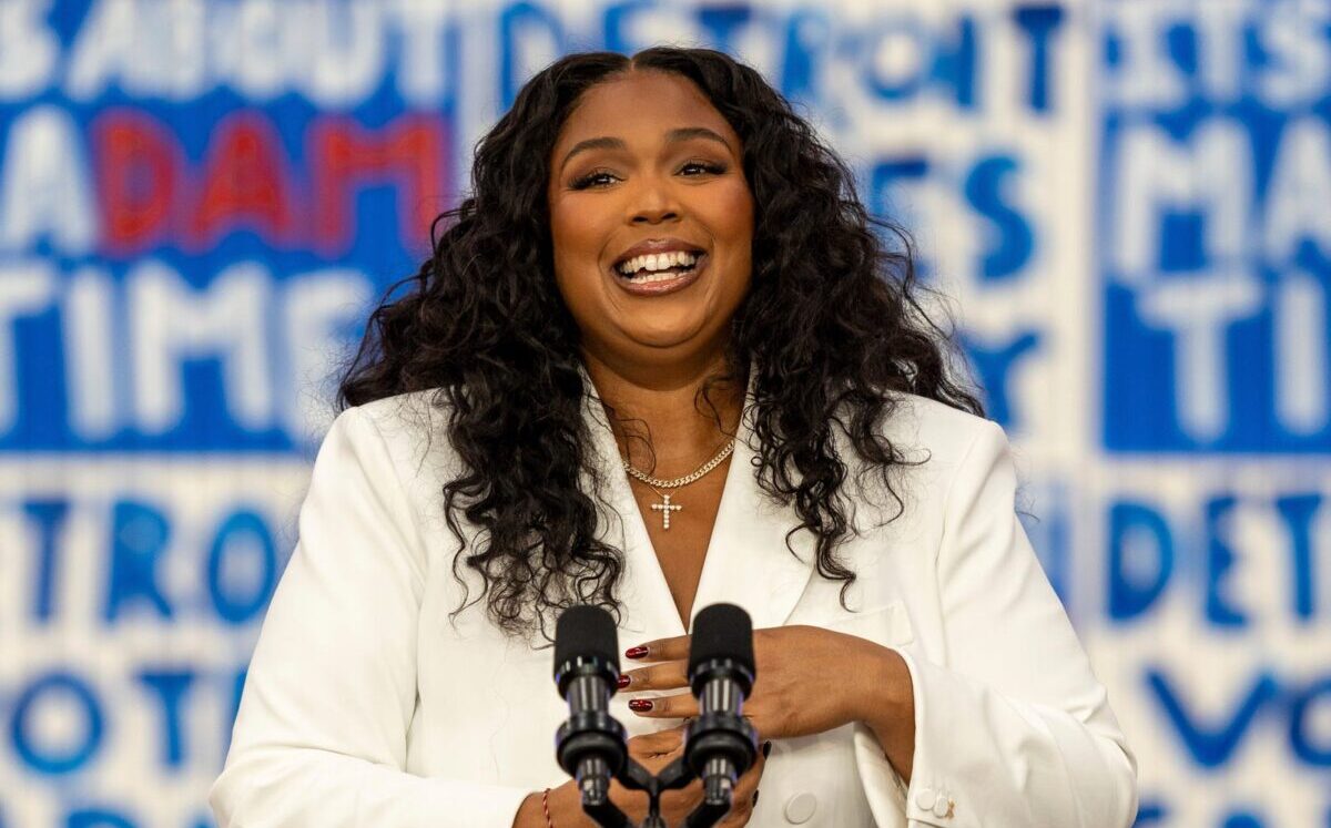 Melissa Viviane Jefferson, aka Lizzo, gives a speech before Vice President and presidential candidate Kamala Harris at Western
