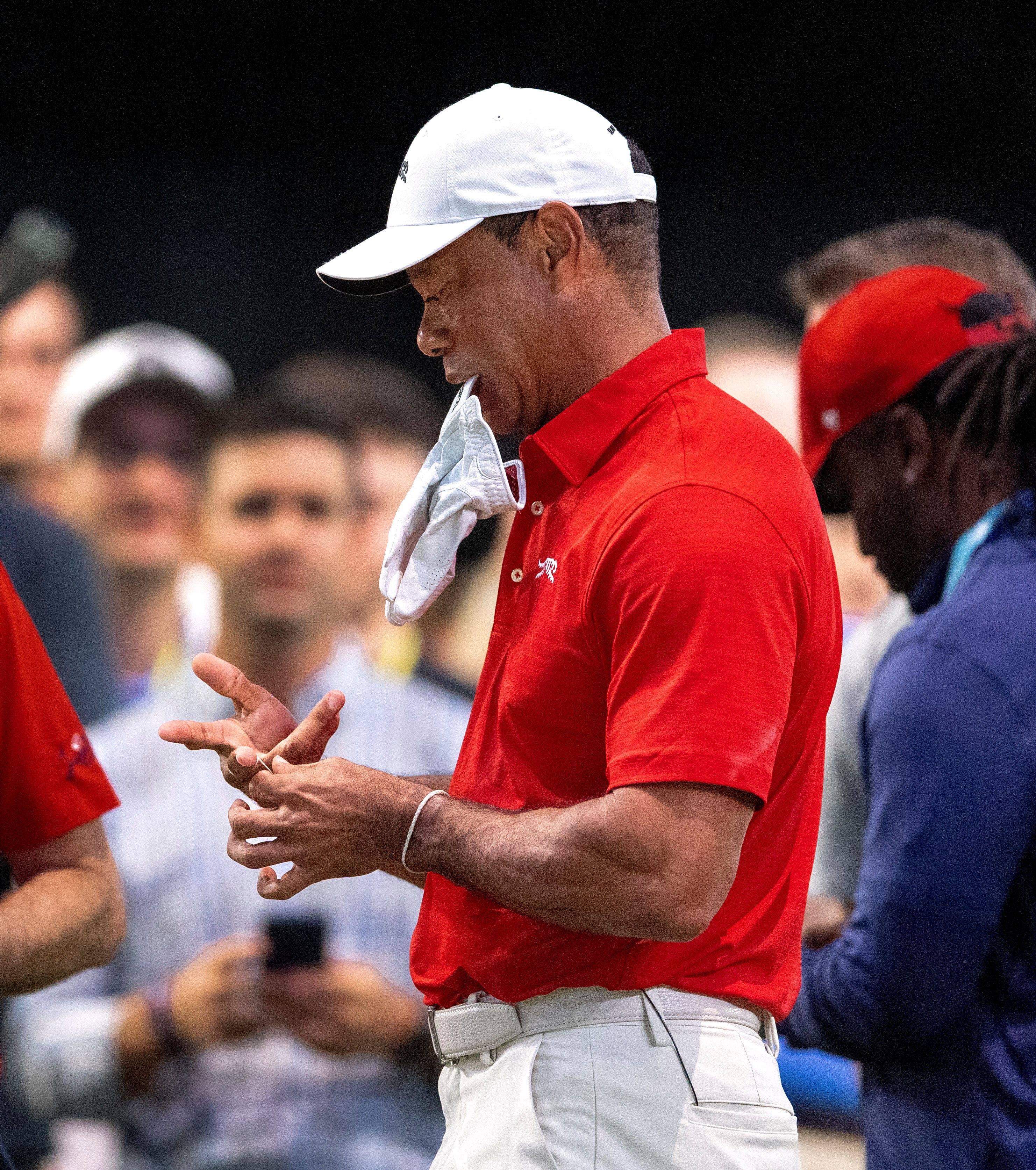 Tiger Woods of Jupiter Links GC tapes his fingers during warm ups before match against the Los Angeles Golf Club who won the TGL