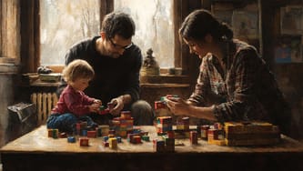 Family playing with blocks