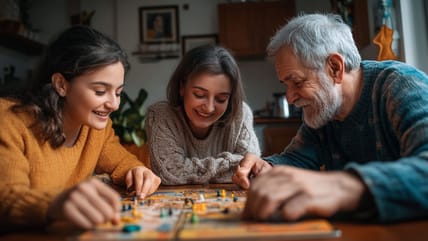 Father playing a board game with daughters