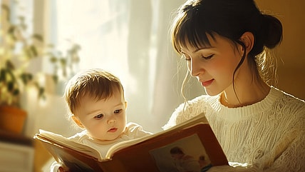 A mother reading a book to a child