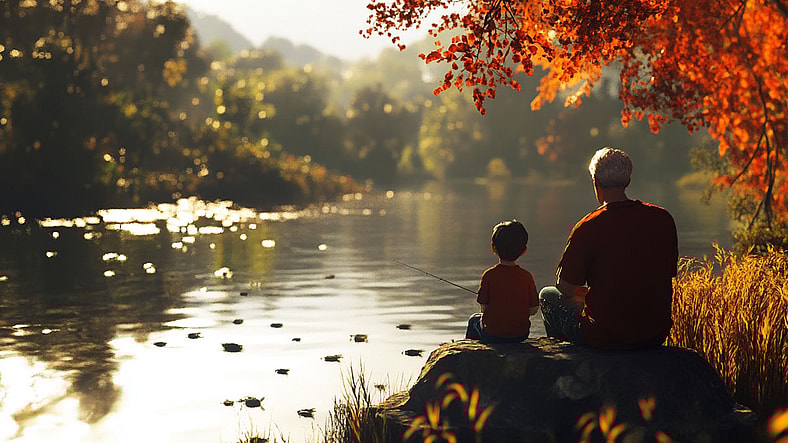 Grandparent and child fishing