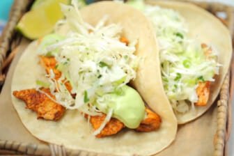 Ancho Chicken Tacos with Cilantro Slaw and Avocado Cream Recipe