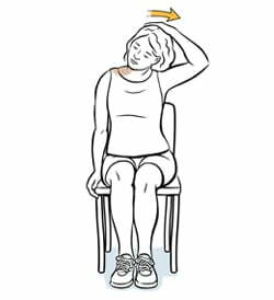 Woman sitting in chair doing tension release neck exercise. stretches for sitting all day
